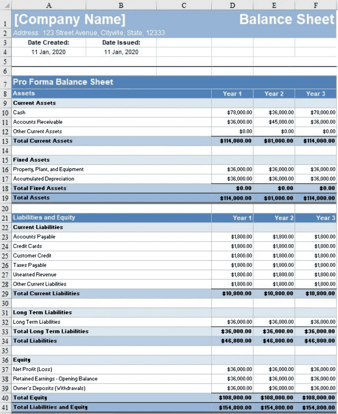 FreshBooks Balance sheet template created in Excel